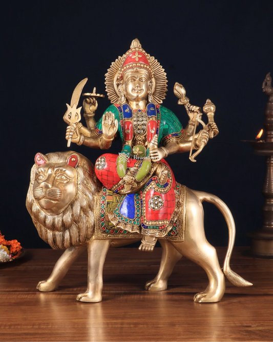 Brassaura™ 17-Inch Brass Sherawali Mata Idol with Meenakari Stonework – 12kg – Handcrafted Goddess Durga Statue for Spiritual & Decorative Spaces