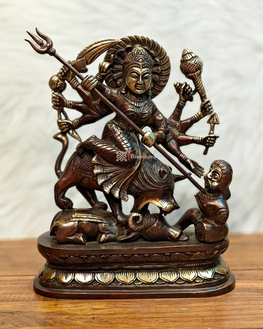 Brassaura™ Brass Goddess Durga as Mahishasura Mardini Idol – 8kg, 13.5-Inch – Fierce & Protective Divine Energy in Pure Brass