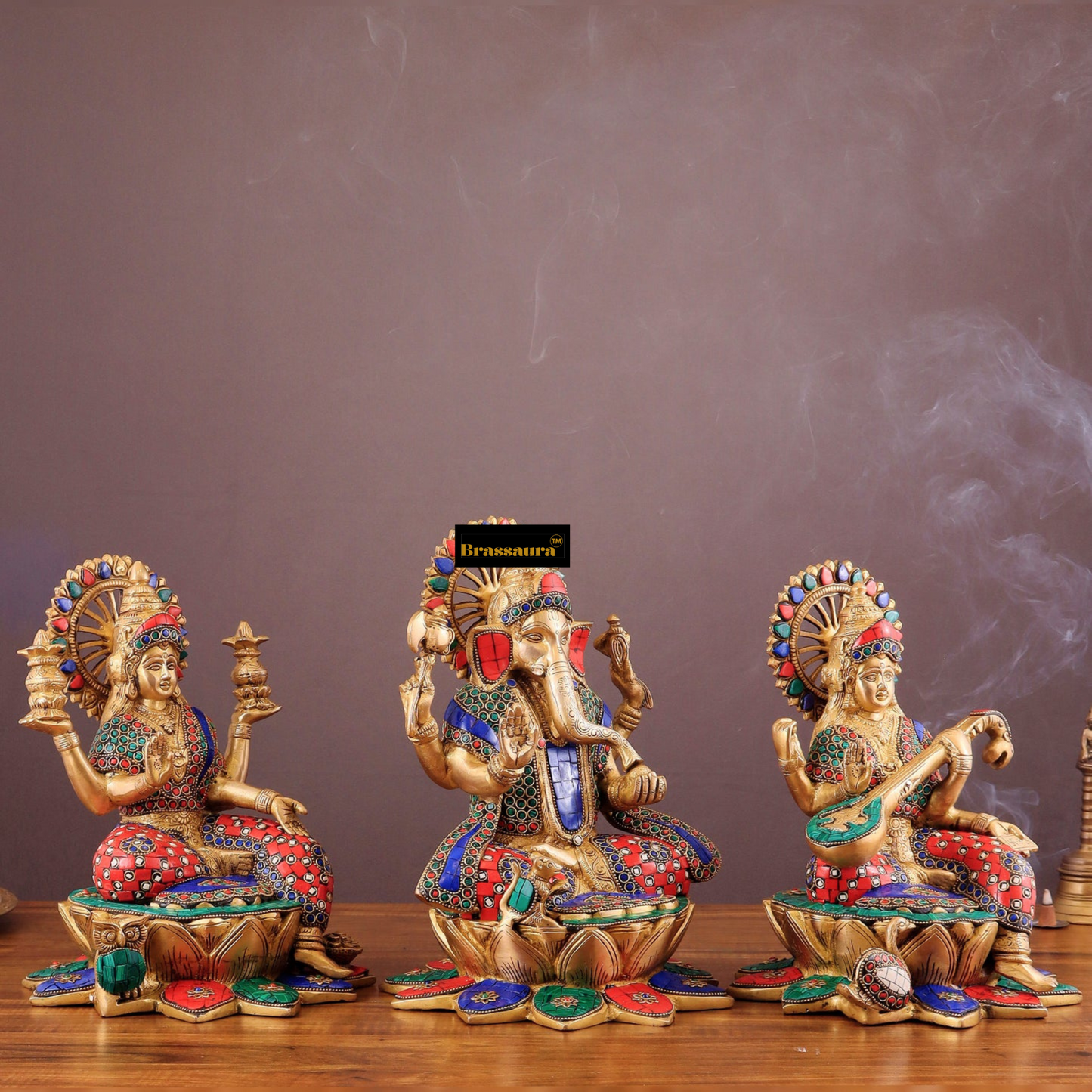 Brassaura™ Brass Gemstone Work Ganesha, Lakshmi & Saraswati Idol Set – 12 Inch Height | 19 kg | Multi-Coloured | Spiritual Home & Diwali Décor Gift