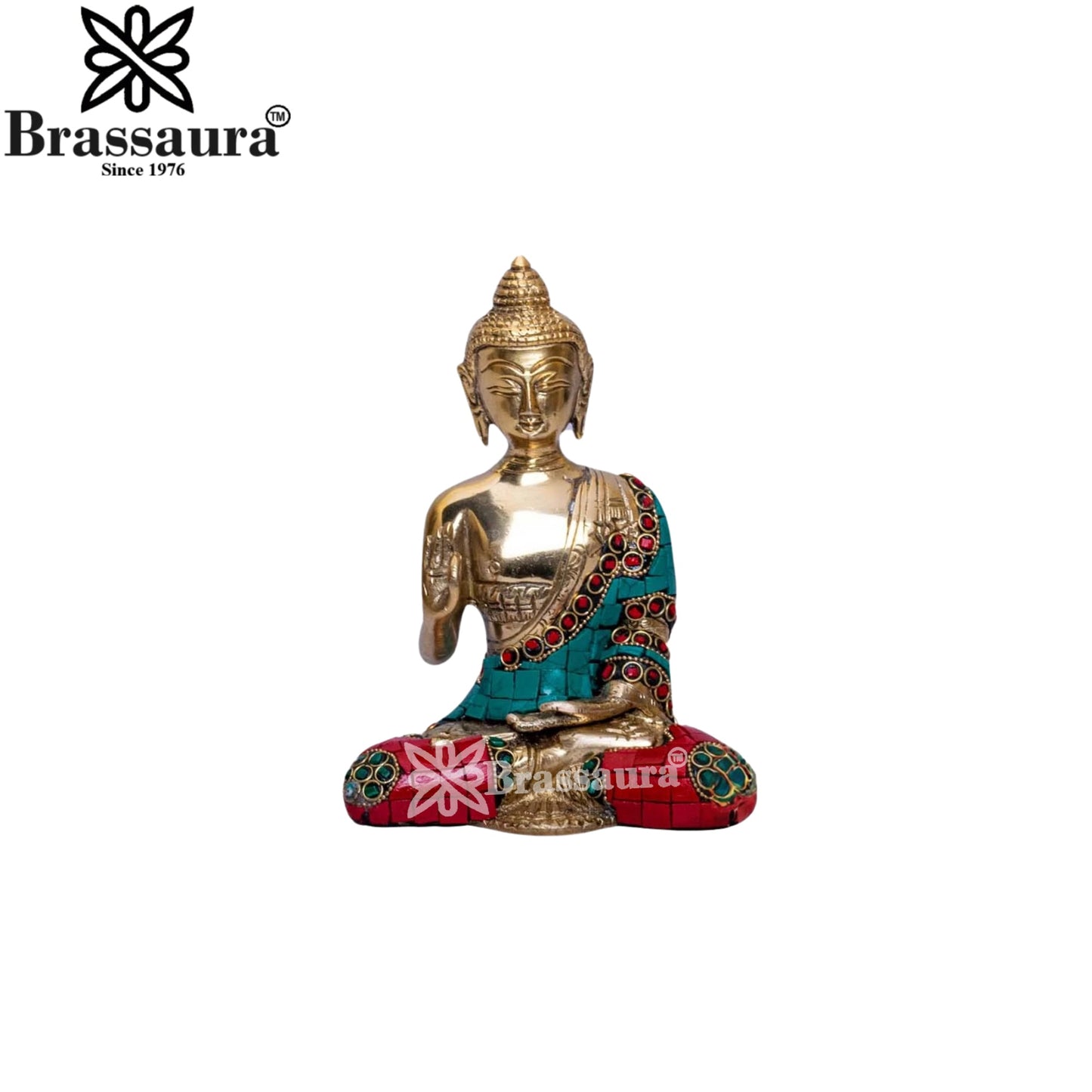 Brass Blessing Gem Stone Work Buddha Weight 1.1 kg & Height 6 Inch