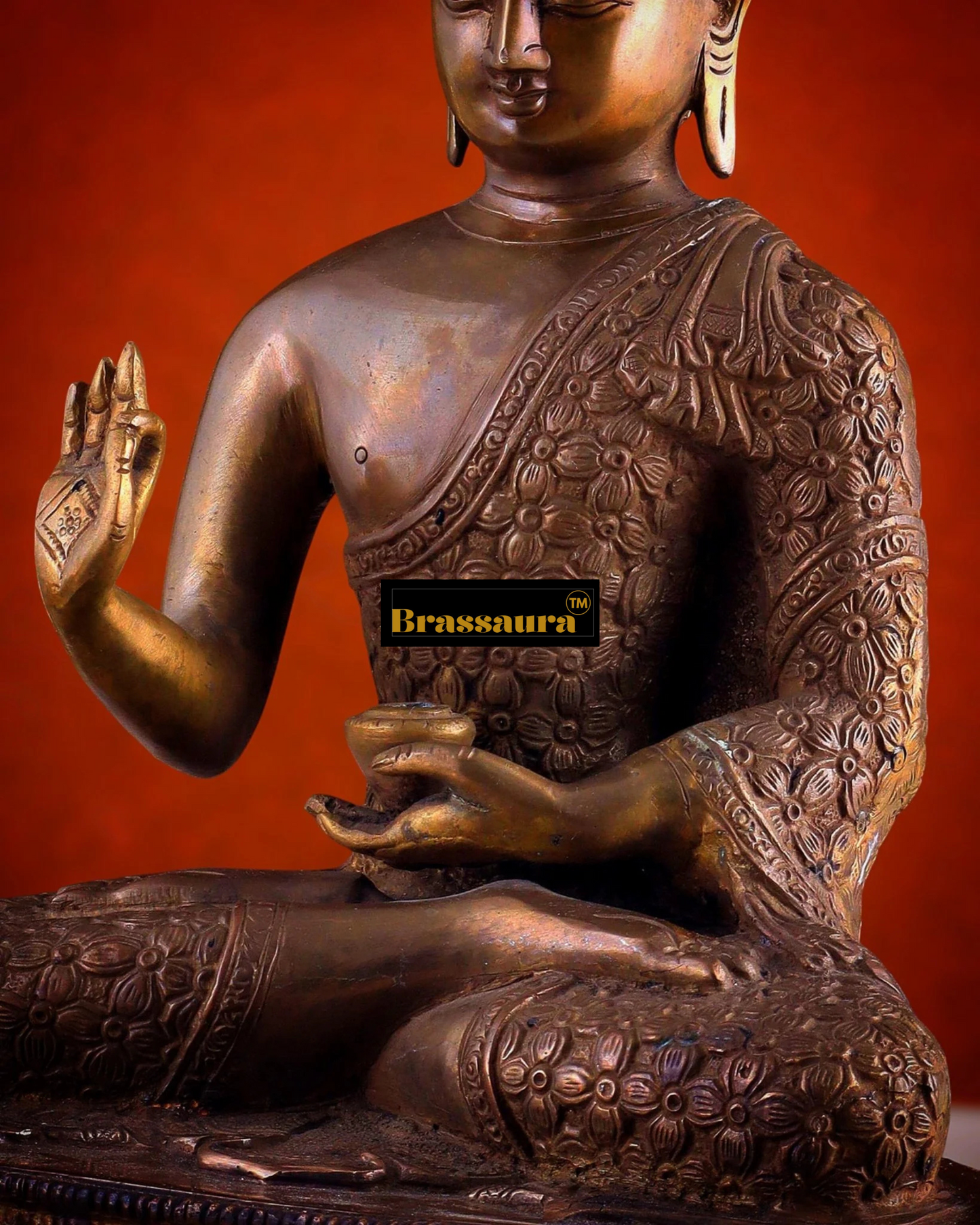 Brassaura™ Pure Brass Antique Buddha Blessing Statue – Height 13.5 Inches, Weight 6.8 Kgs