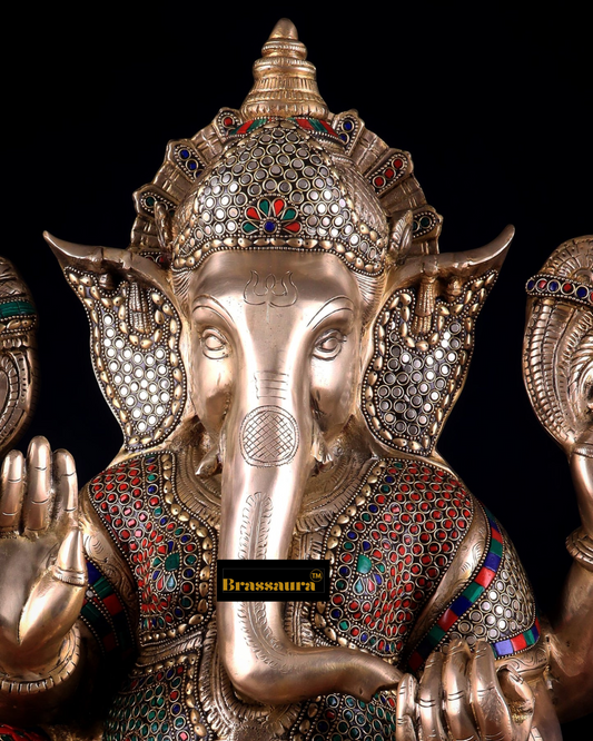 Brassaura™ Pure Brass Ganesha Statue with Flora Meenakari – 20" Height, 22 kg – Elegant Spiritual Masterpiece