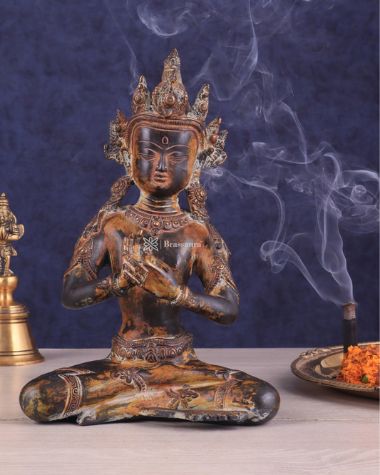 Brassaura® Vintage Buddha Sitting in Dharma Chakra Mudra with Antique Brass Finish | Pure Superfine Brass Handcrafted Murti | Brass Statue for Home Temple, Pooja Room | Height 10 Inches | Weight 3.27 Kgs