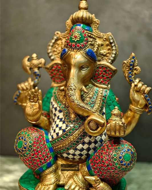 Brassaura™ 16-Inch Brass Ganapati Idol with Semi-Precious Stones – Weight 12.5 Kgs