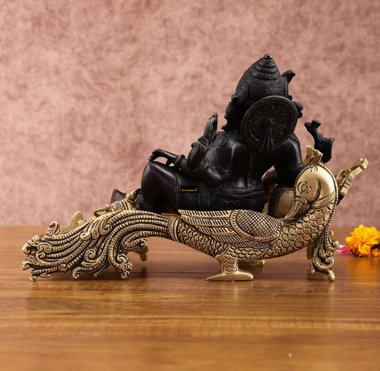 Brassaura™ Black Gold Brass Lord Ganapathi Statue – 7.5 Inch Height | 4.5 kg | Peacock Throne | Handcrafted Spiritual Décor
