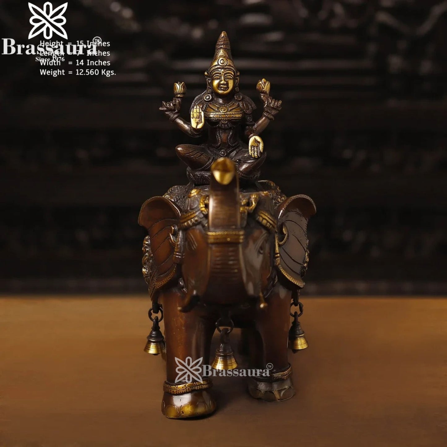 Brassaura™ Traditional Brass Gaja Laxmi Idol – Height 15 Inches & Weight 12.56 Kgs | Hindu Devotional Murti