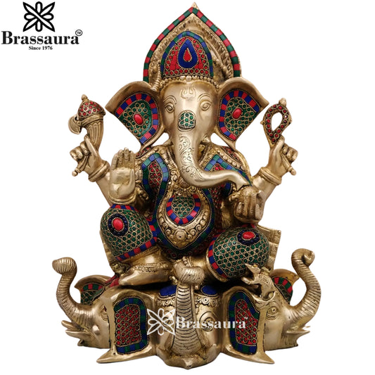 Brass Gem Stone Work Ganesha Statue Weight 8.25 Kg & Height 9 Inch
