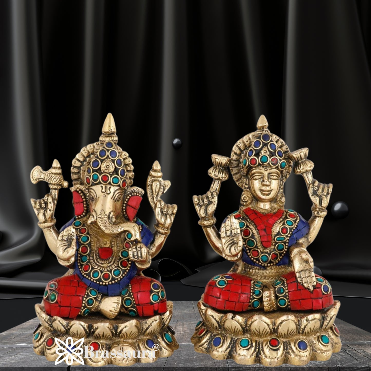 Brassaura™ Traditional Brass Gem Stone Work Laxmi Ganesha Murti – Height 5 Inches & Weight 2.9 Kgs | Home & Temple Idol