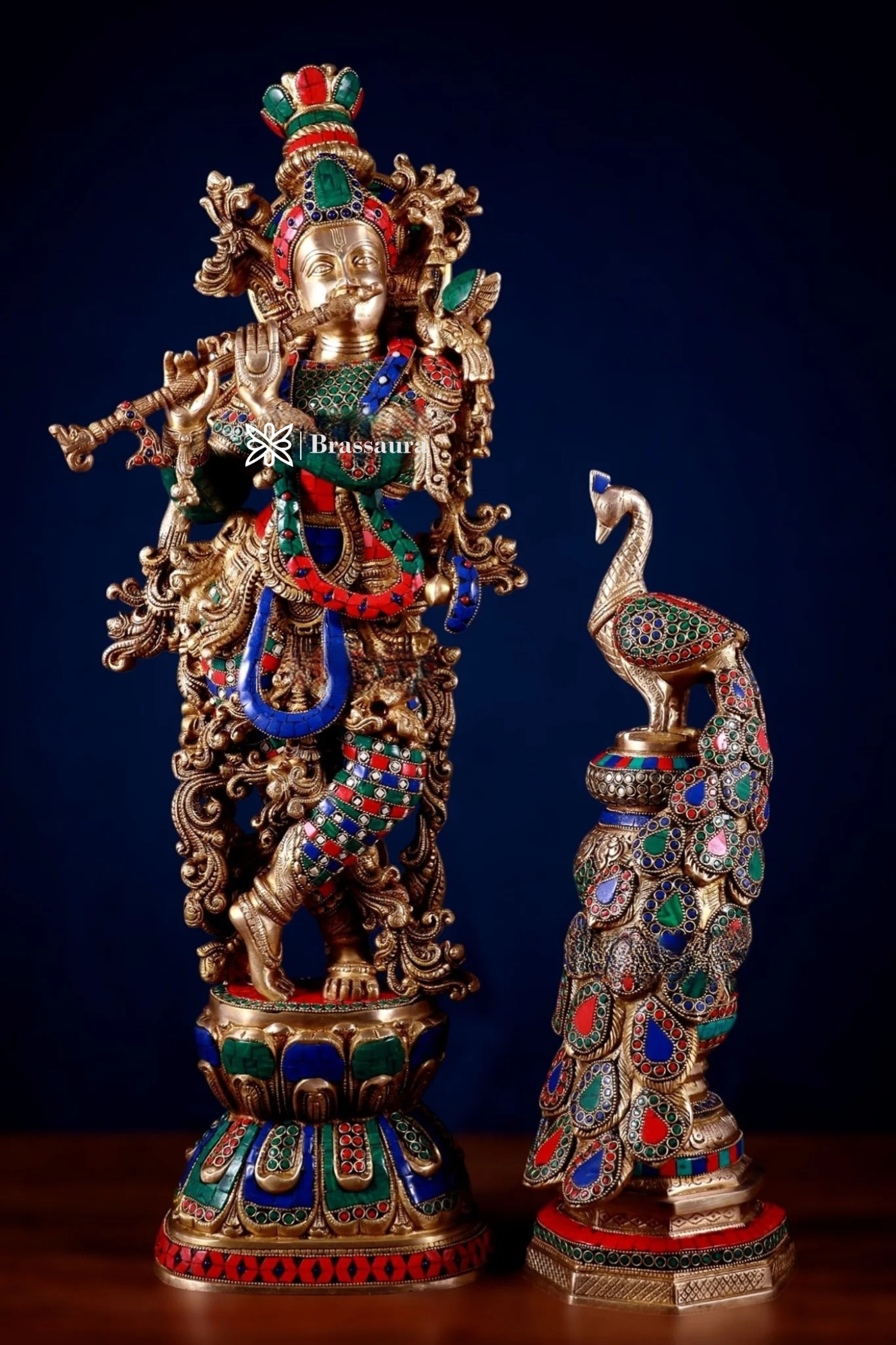 Brassaura™ Krishna Flute Statue (29" | 19 Kgs) & Large Peacock Showpiece (20" | 8.5 Kgs) Set