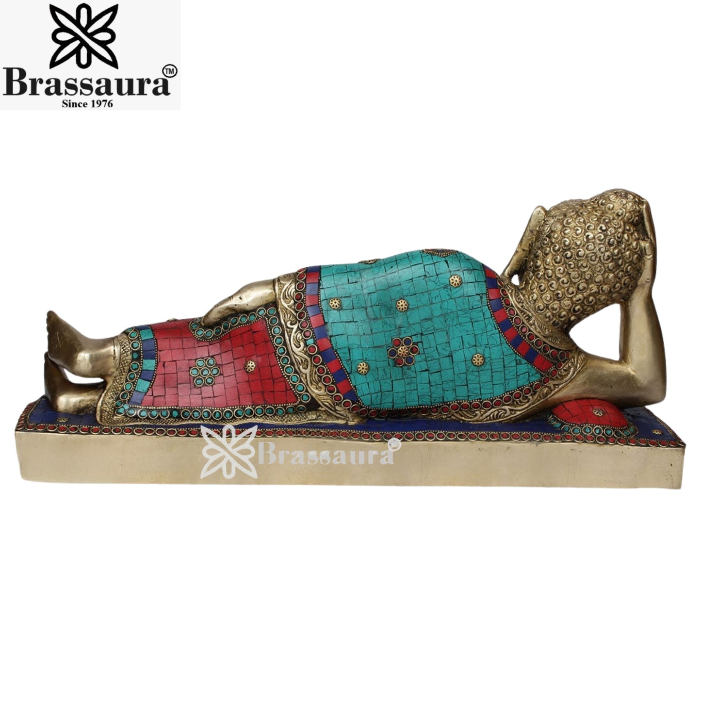 Brass Gem Stone Work Sleeping Buddha Weight 10 kg & Height 9 Inch