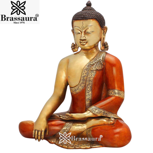 Brassaura® Brass Classic Buddha Idol with Red Robe in Seated Meditation Pose – Pure Superfine Brass Handcrafted Murti, Brass Statue for Home Temple, Pooja Room – 15 Inch, 10.6 Kg