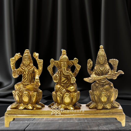 Brassaura® Classic Lakshmi Ganesha Saraswati Idol | Pure Superfine Brass Handcrafted Murti | Brass Statue for Home Temple, Pooja Room | Height 3.25 Inches | Weight 0.6 Kgs