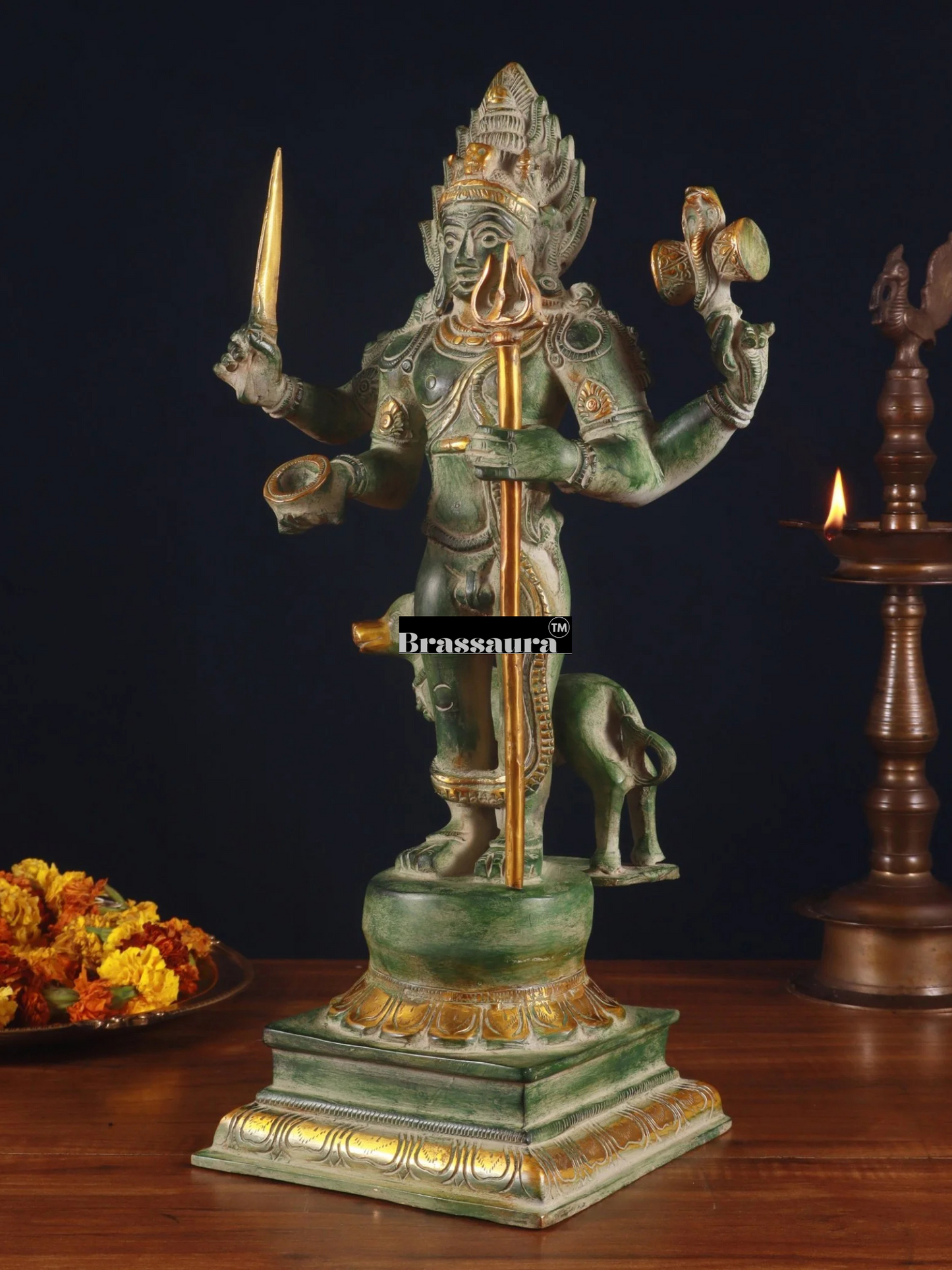 Brassaura™ Superfine Brass Kala Bhairava Statue with Vahana Dog – Height 17.5 inches | Weight 9 kgs
