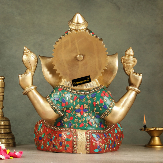 Brassaura™ Pure Brass Ganapati Idol – Stonework Detailing | Height 12.5 Inches, Weight 11 Kgs