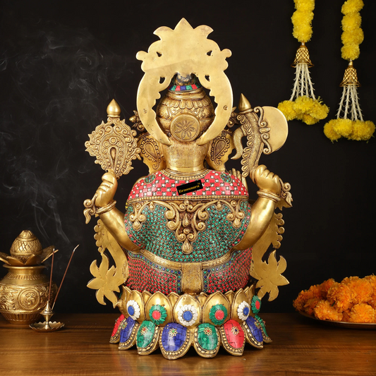 Brassaura™ Brass Superfine Lord Ganesha Idol with Lotus – 24 Inch Height | 32 kg | Stonework & Hand-Painted Eyes | Divine Home Décor