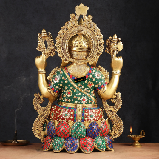 Brassaura™ Handcrafted Brass Ganesha Idol on Lotus with Mooshak | Height 21 inches | Weight 22 Kgs | Meenakari Stonework | Spiritual Decor