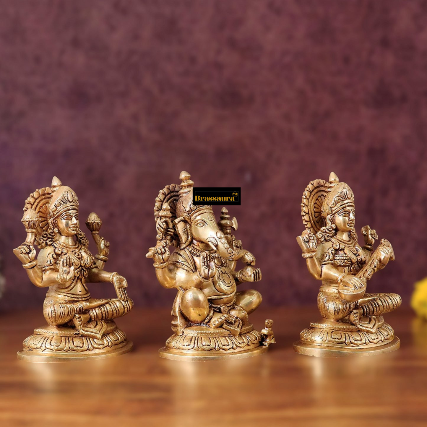 Brassaura™ Pure Brass Ganesha, Lakshmi & Saraswati Idol Set – 7.5" Height, 7.4 kg – Symbol of Blessings, Wisdom & Prosperity