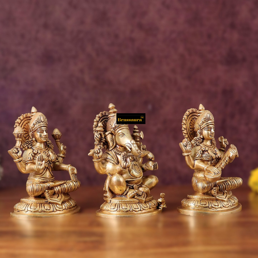 Brassaura™ Pure Brass Ganesha, Lakshmi & Saraswati Idol Set – 7.5" Height, 7.4 kg – Symbol of Blessings, Wisdom & Prosperity