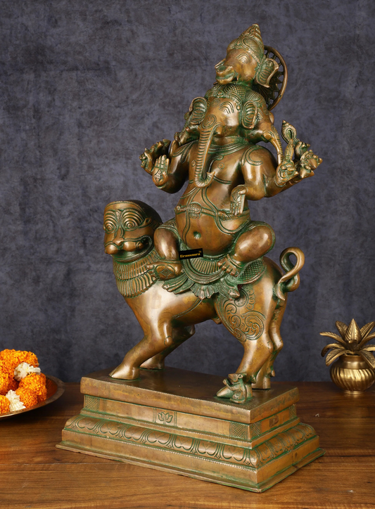 Brassaura™ Heramba Ganapati Brass & Copper Idol – 22.5 Inch Height | 25 kg | Antique Bronze Patina | Five-Headed Ganesha with Lion Vahana