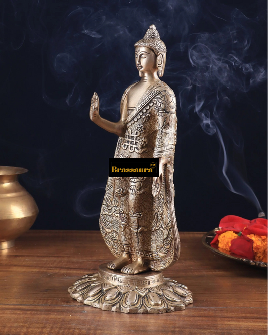 Brassaura™ Pure Brass Standing Buddha Idol – Height 11 Inches, Weight 2.7 Kgs