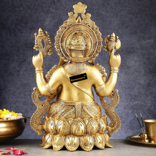 Brassaura™ Handcrafted Brass Ganesha on Lotus Pedestal – Height 21 Inches, Weight 22 Kgs