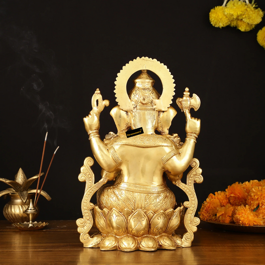 Brassaura™ Handcrafted Pure Brass Ganesha Idol on Lotus – 12.25 Inch Height | 8 kg | Golden Finish | Elegant Décor for Home, Office & Temple