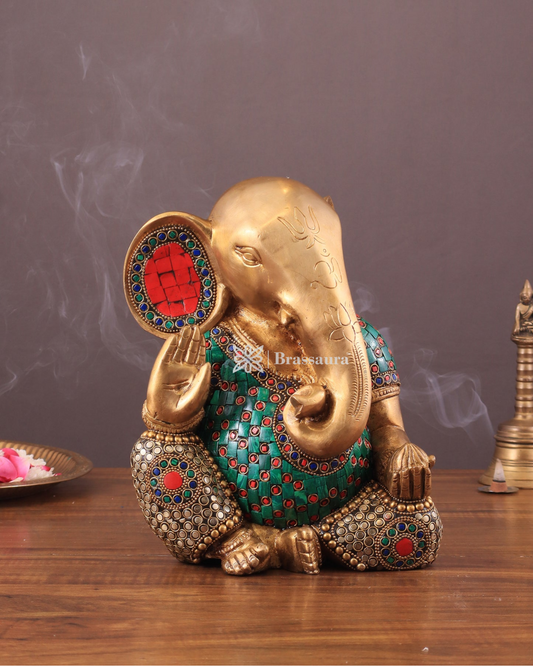 Brassaura™ Modern Abstract Brass Ganesha Idol – 9.5" Height, 6.5 kg – Contemporary Design with Stonework Detailing