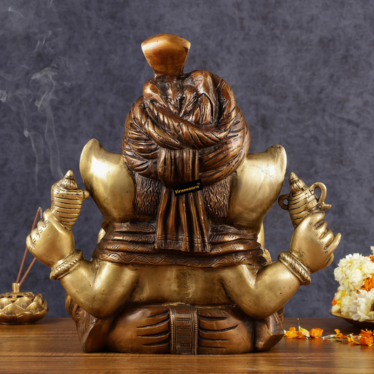 Brassaura™ Handcrafted Brass Ganesha Idol with Turban – Antique Dual-Tone Copper Gold Finish | Height 13.5 Inches, Weight 14 Kgs