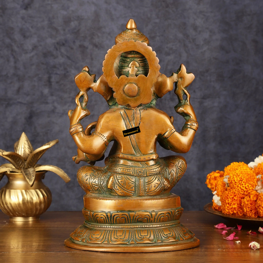 Brassaura™ Superfine Brass Ganesha Idol – 12 Inch Height | 4.6 kg | Antique Bronze Finish | Divine & Artistic Murti for Home Temple