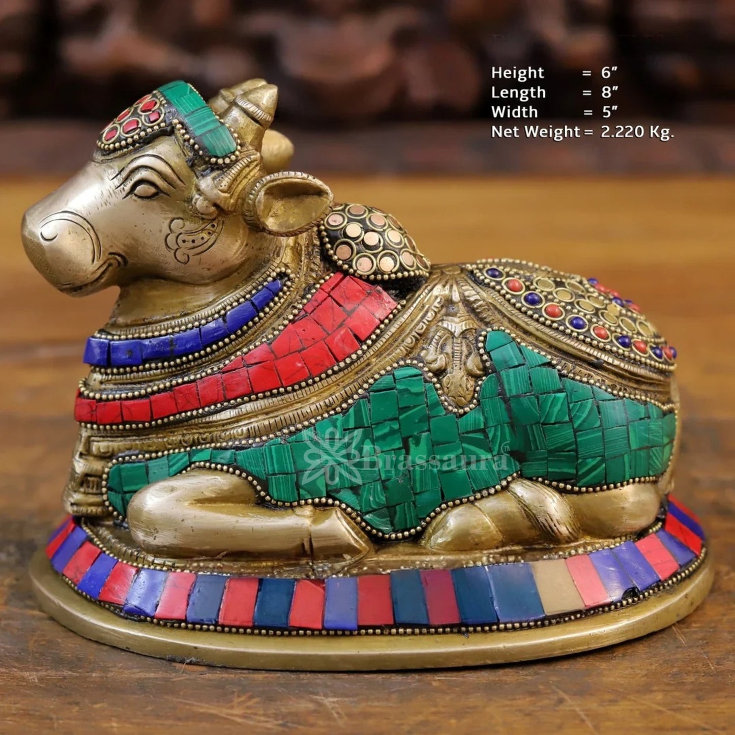 Brass Gem Stone Work Nandi Statue Weight 2.2 Kg And Height 6 Inch