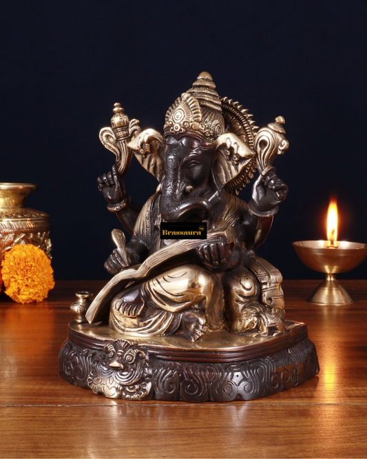 Brassaura™ Brass Lord Ganesha Writing Statue – 7.5" Height, 2.8 kg – Black Tone Finish | Symbol of Wisdom & Learning