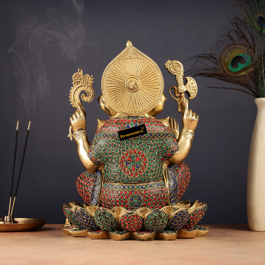 Brassaura™ Brass Seated Ganesha on Lotus – Height 11 Inches, Weight 8.5 Kgs | Auspicious & Prosperity Idol