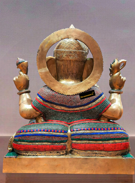 Brassaura™ Majestic Pure Brass Ganesha Statue with Meenakari Stonework – 33 Inch Height | 85 kg | Auspicious & Wise