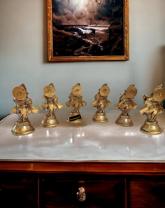 Brassaura™ Pure Brass Musician Ganesha Set of 6 – Height 6 Inches Each, Total Weight 4.5 Kgs