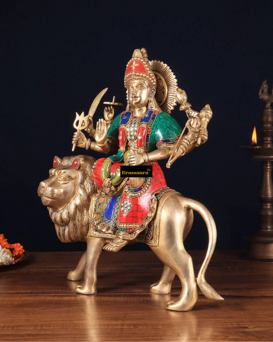 Brassaura® 17-Inch Brass Sherawali Mata Idol with Meenakari Stonework – Handcrafted Goddess Durga Statue for Spiritual & Decorative Spaces