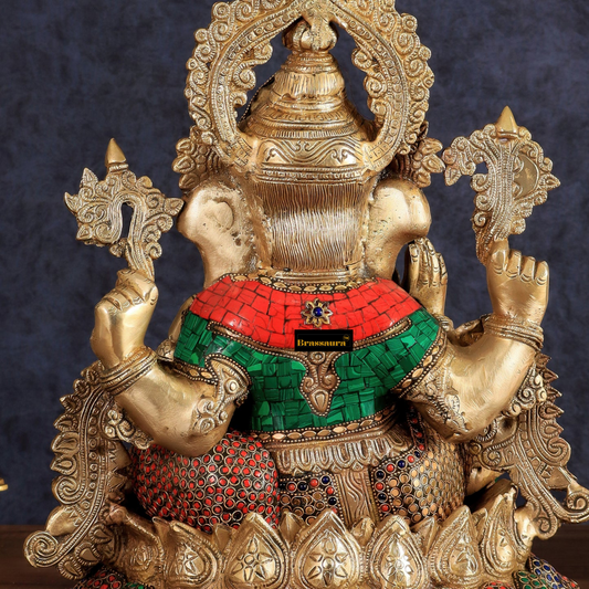 Brassaura™ Fine Quality Brass Jewellery Ganesha – 16" Height, 16 kg – Adorned with Natural Stones & Rings