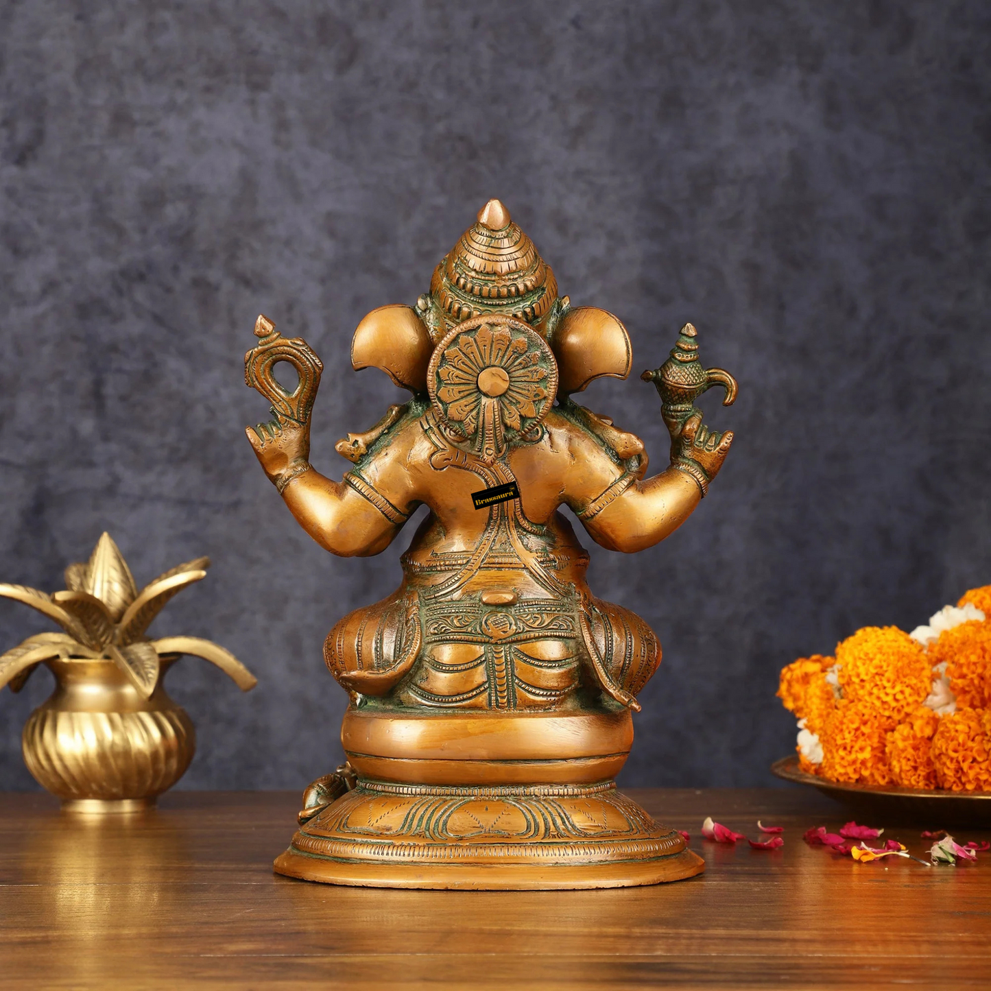 Brassaura™ Pure Brass Chola Ganesha Statue – 12 Inch Height | 5.5 kg | Antique Bronze Finish | Artistic & Spiritual Home Décor
