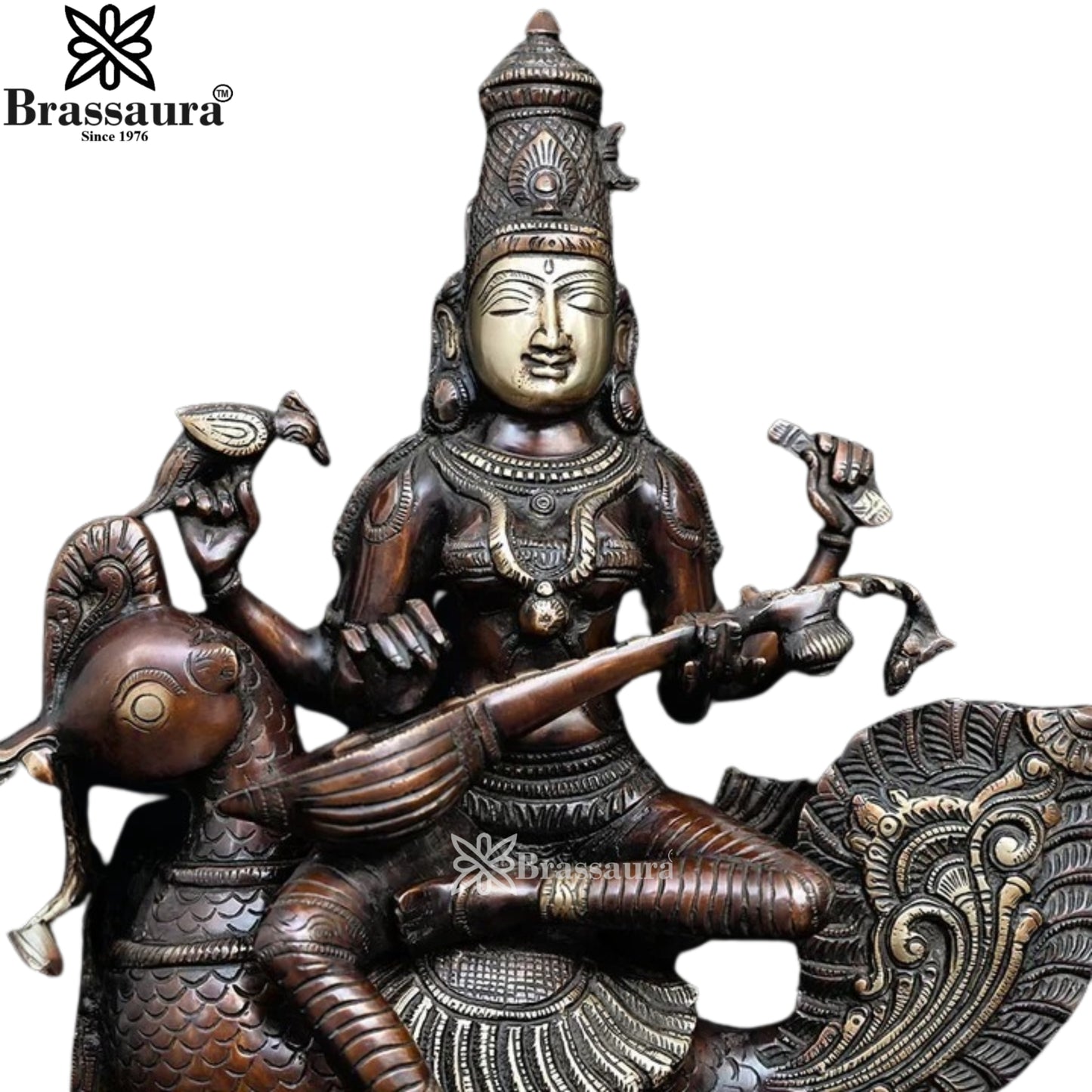 Brassaura™ Artistic Brass Saraswati Idol – Height 19 Inches & Weight 14.2 Kgs | Puja & Temple Décor