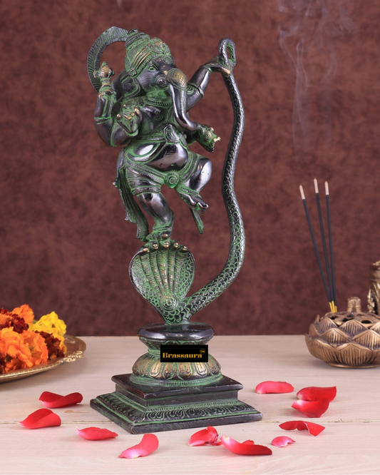 Brassaura™ Brass Dancing on Snake Lord Ganesha Statue – 11.5" Height, 3.25 kg – Unique Antique Black & Green Finish
