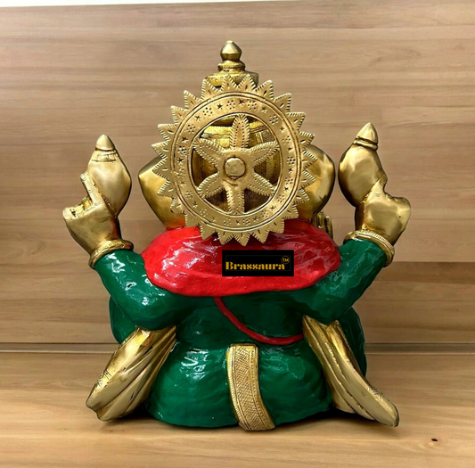 Brassaura™ Ganapati Aashirwad Brass Idol with Nepali Meenakari – 13 Inch Height | 12.5 Kg | Brass Rings & Natural Stone Inlay