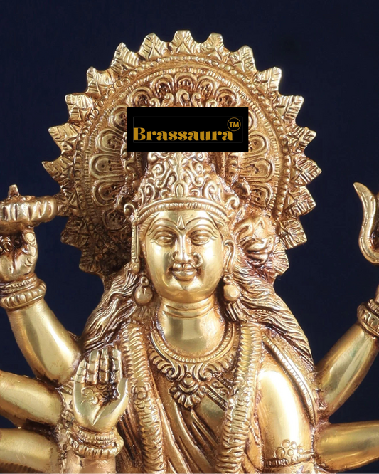 Brassaura® 12-Inch Pure Brass Sherawali Mata Idol – Handcrafted Durga Statue on Tiger for Strength & Protection
