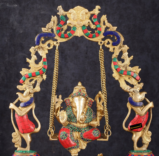 Brassaura™ Magnificent Brass Lord Ganesha Swing – 18" Height, 7.5 kg – Adorned with Multicolor Stonework