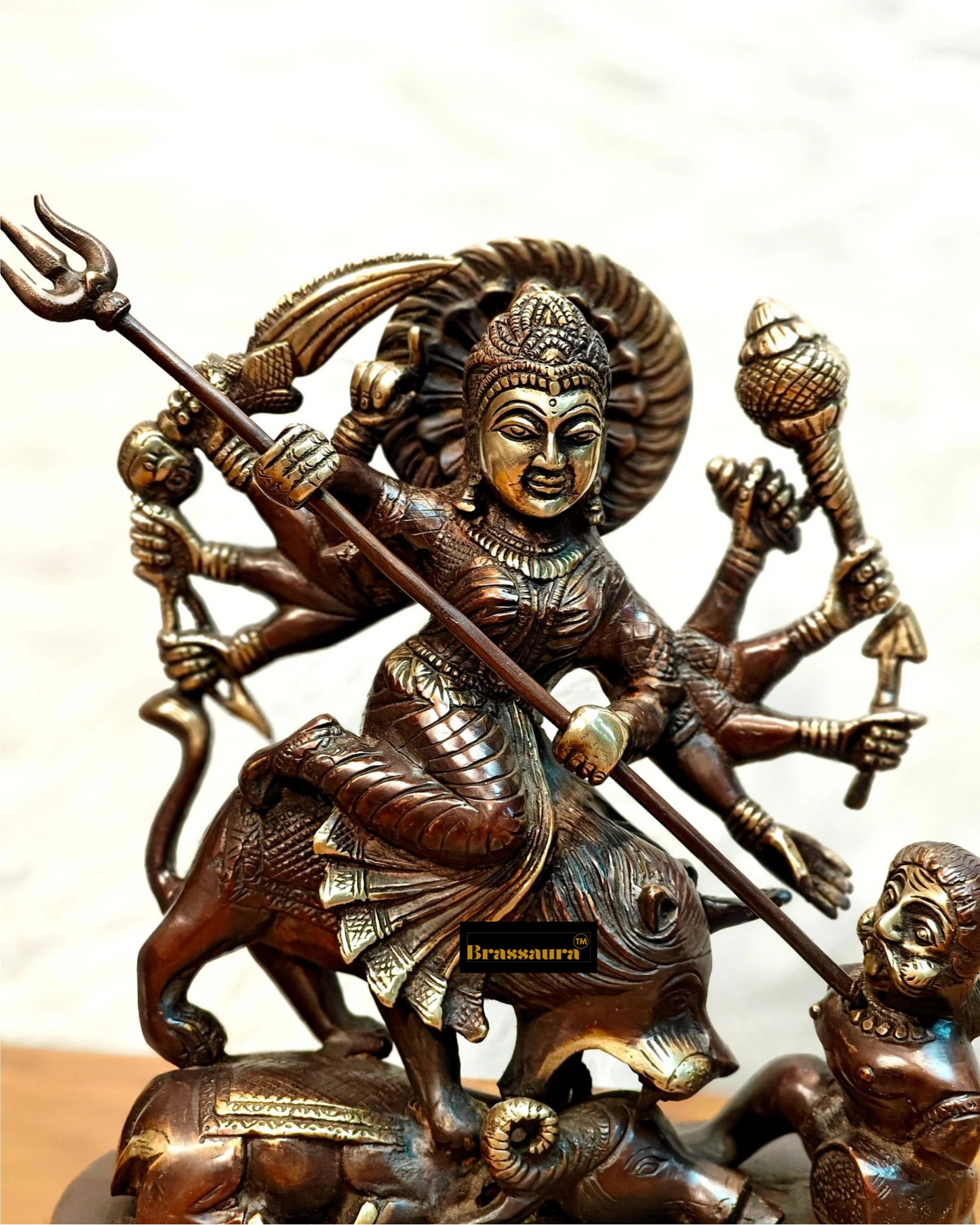 Brassaura™ Brass Goddess Durga as Mahishasura Mardini Idol – 8kg, 13.5-Inch – Fierce & Protective Divine Energy in Pure Brass