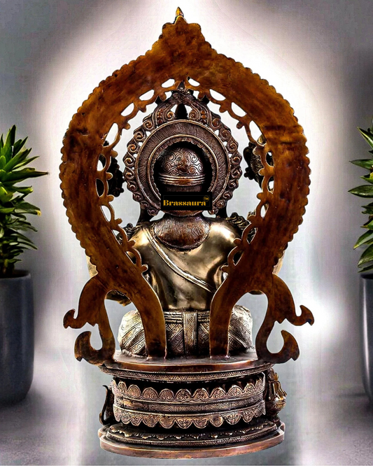 Brassaura™ Superfine Brass Ganesha Idol on Round Throne with Prabhavali – 26 Inch Height | 33 Kg | Three-Tone Finish with Modak & Mooshak
