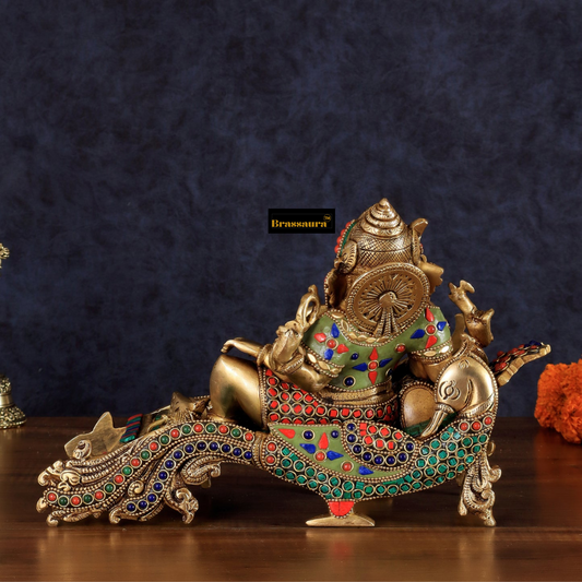 Brassaura™ Handcrafted Brass Ganapathi on Peacock Throne – 7.5 Inch Height | 4.5 kg | Multicoloured Stonework | Spiritual & Home Décor