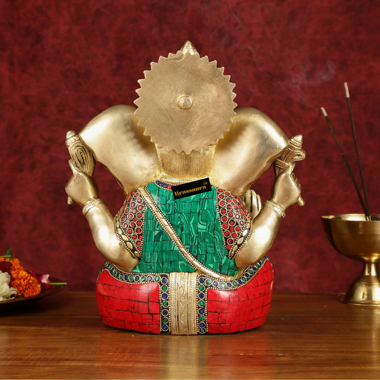 Brassaura™ Brass Lord Ganesha Statue – Meenakari Stonework | Height 10 Inches, Weight 5.15 Kgs