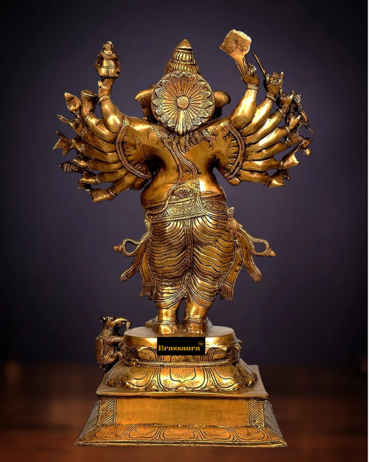 Brassaura™ Brass Vira Ganesha Statue – 16 Arms, Height 23 Inches, Weight 19 Kgs