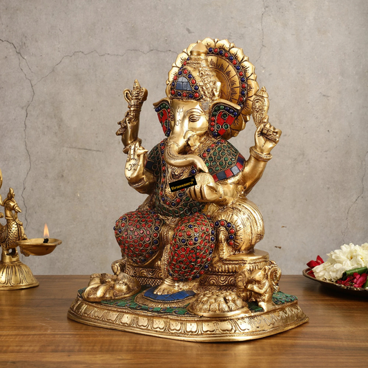 Brassaura™ Superfine Brass Ganesha Idol with Fruit Bowl & Modak Thali | 13" Height | 12 Kg | Intricate Stonework