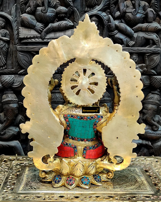 Brassaura™ Pure Brass Ganapati Statue on Lotus Throne with Prabhavali – 15.5 Inch Height | 12 Kg | Meenakari Stonework