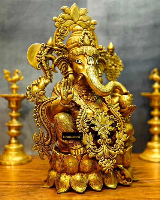 Brassaura™ Superfine Brass Lord Ganesha with Lotus – Height 23.5 Inches, Weight 32 Kgs | Majestic Temple Idol